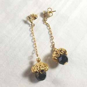 Gold Black Glass Bead Cage Chain Earrings